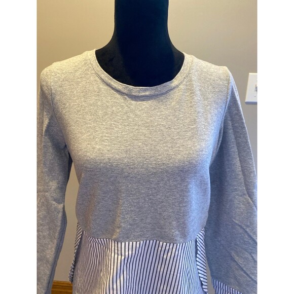 Marled Reunited Clothing Blouse size Small Gray T Shirt Top Blue White Striped - Picture 2 of 9